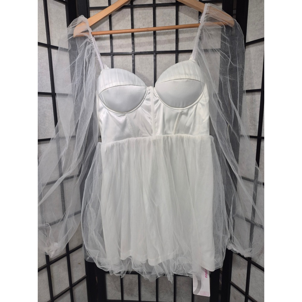Parthea White Corset Tulle Mini Dress Long Sheer Puff Sleeve Bridal Size M NWT